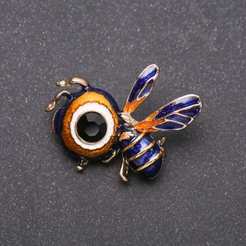 Brooch Bee blue and yellow enamel yellow metal 34x36mm