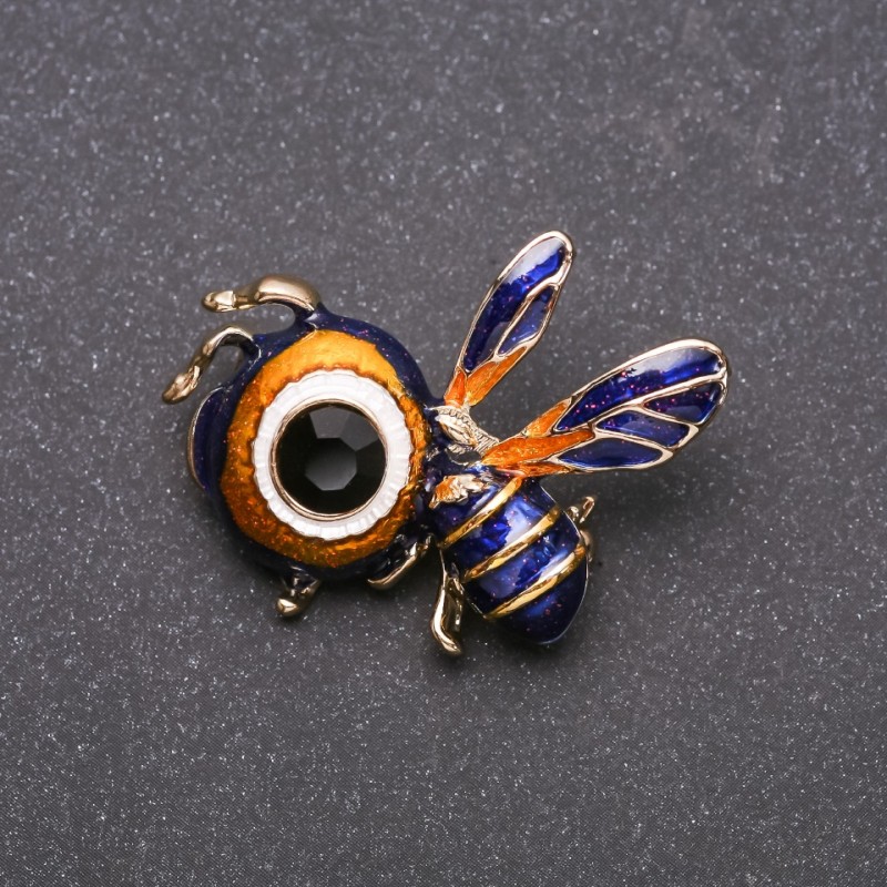 Brooch Bee blue and yellow enamel yellow metal 34x36mm