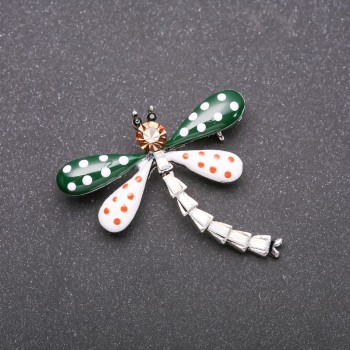 Brooch Dragonfly in Polka Green and White Enamel with Gray Metal 40x40mm