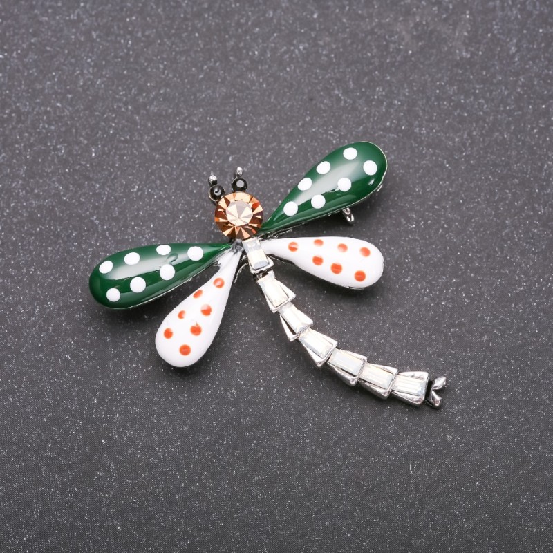 Brooch Dragonfly in Polka Green and White Enamel with Gray Metal 40x40mm