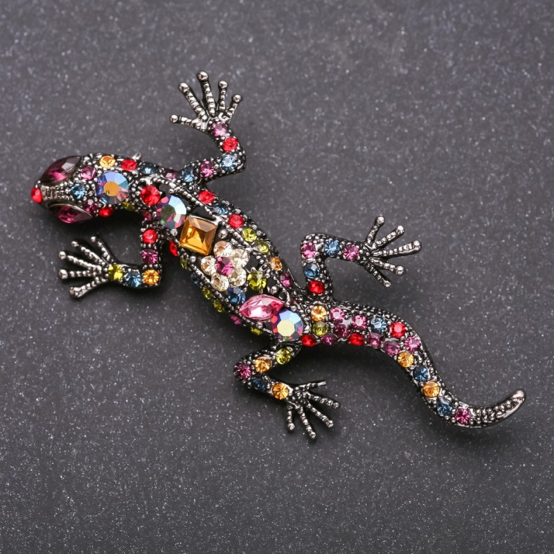 Lizard Brooch with multicoloured rhinestones, grey metal 66x34mm