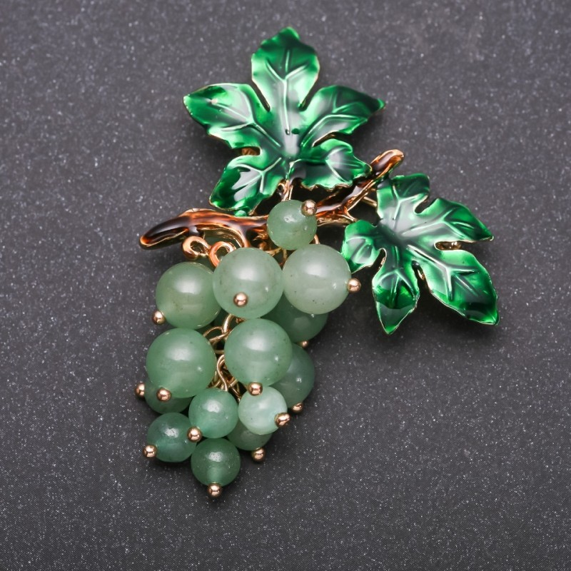 Grape Cluster Brooch with Natural Jade Stone, Metal, 60x45mm