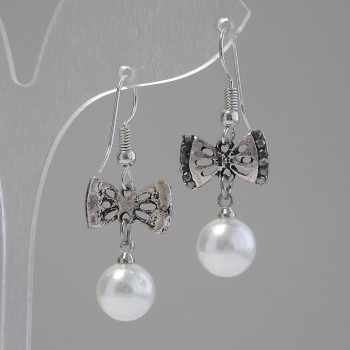 "Bow" Dangle Earrings, with pearls (faux) and rhinestones (silver-tone metal), 3.7 * 1.5cm