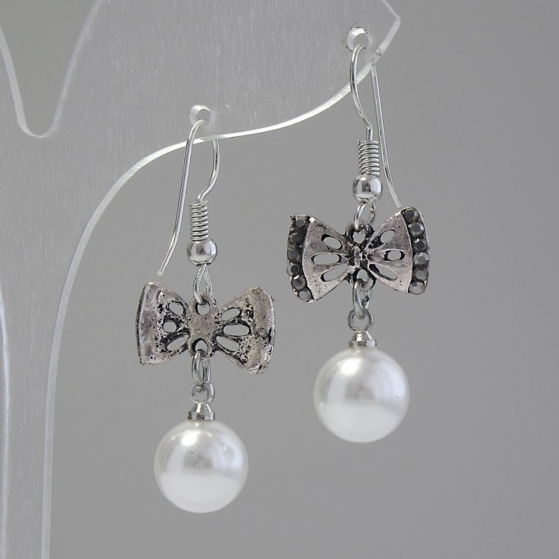 "Bow" Dangle Earrings, with pearls (faux) and rhinestones (silver-tone metal), 3.7 * 1.5cm