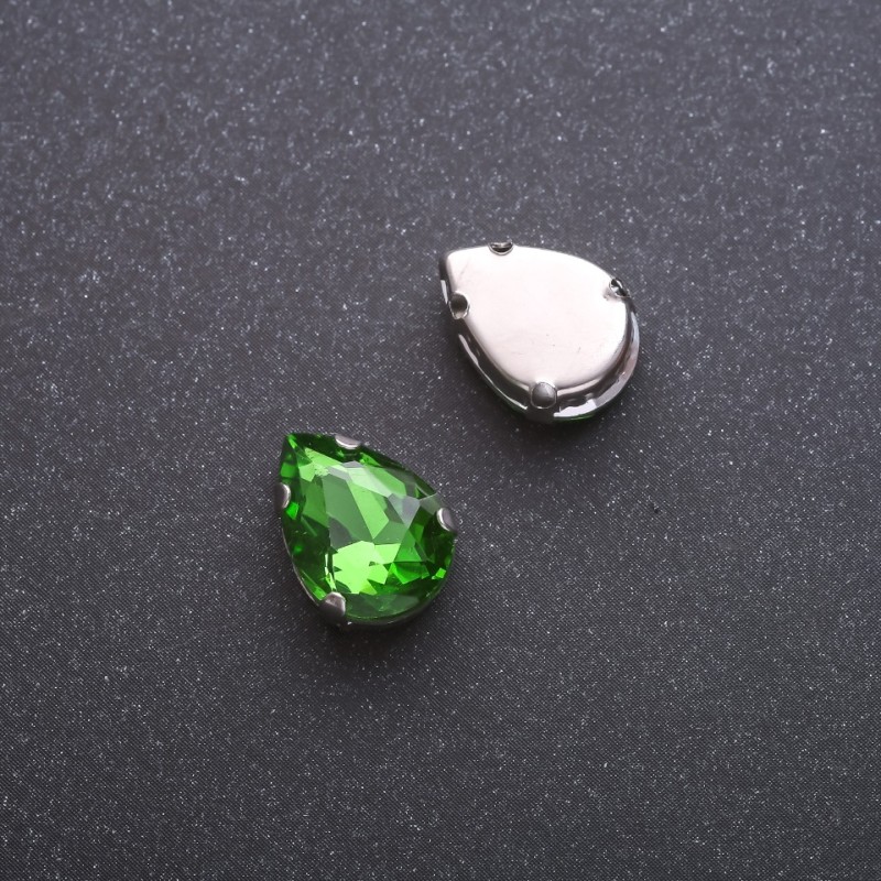 Price per pack of 10 pcs. Sew-on crystal in claw setting, Drop 10x14mm, green
