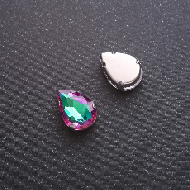 Price per pack of 10 pcs. Sew-on crystal in claw setting, Drop 10x14mm, green-raspberry