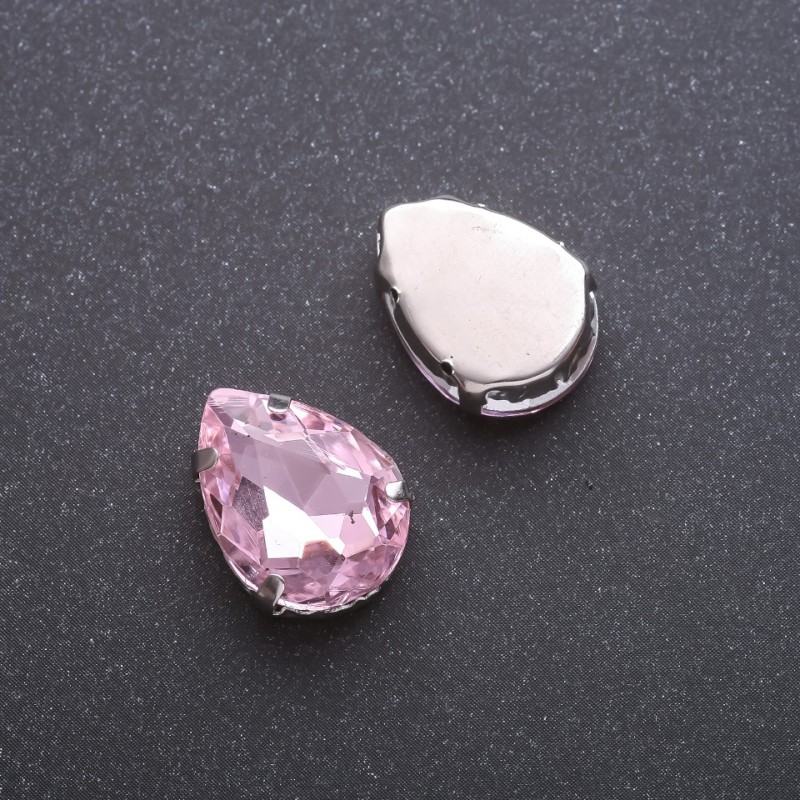 Price per pack of 10 pcs. Sew-on crystal in claw setting, Drop 13x18mm, pink