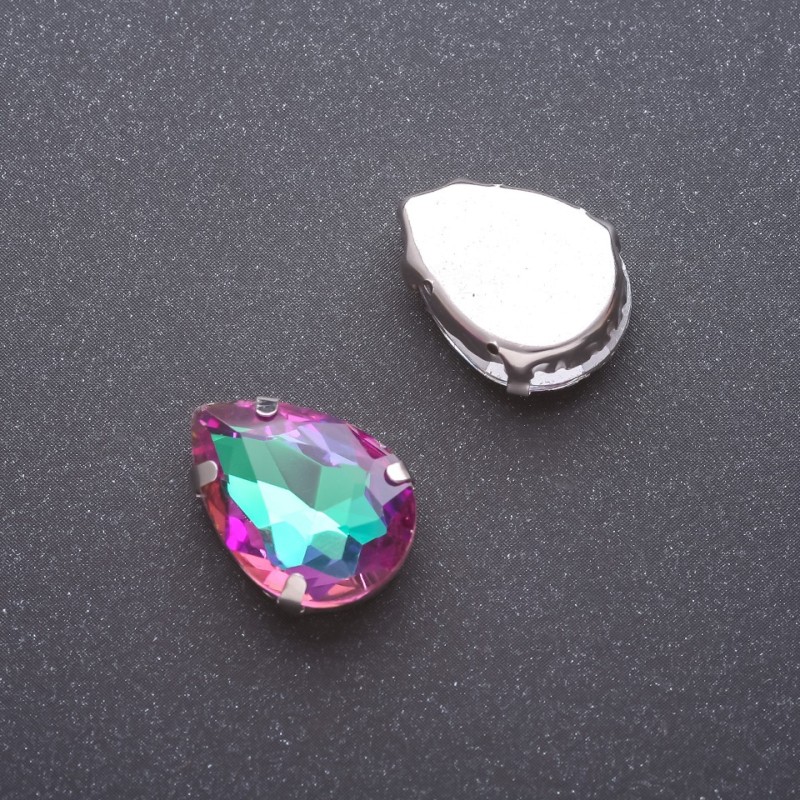 Price per pack of 10 pcs. Sew-on crystal in claw setting, Drop 13x18mm, raspberry-green