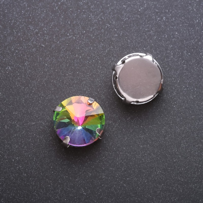 Price per pack of 10 pcs. Sew-on "rivoli" crystal in claw setting, round 13mm, yellow-green