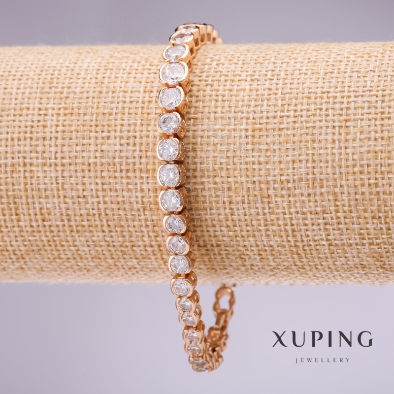 Xuping Bracelet with White Stones, 7mm Thick, 17–19cm Adjustable Length, Gold Plated with Extender Chain