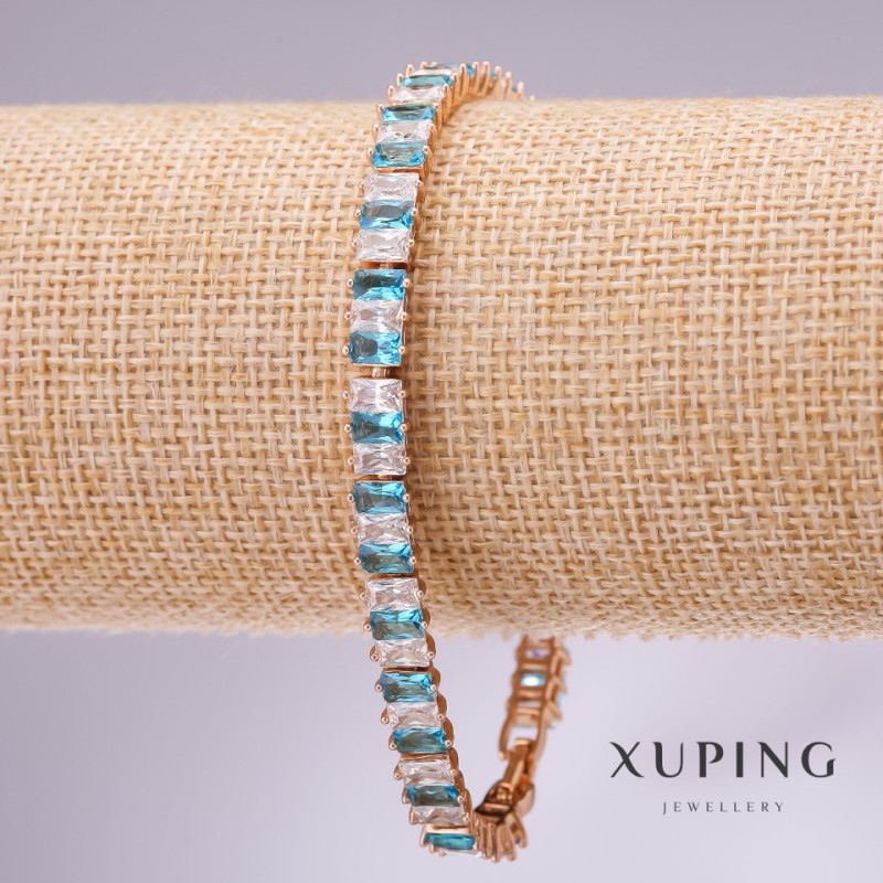 Xuping Bracelet with Blue and White Stones, 6.5 mm thickness, length 17–19 cm, gold plated with extension chain