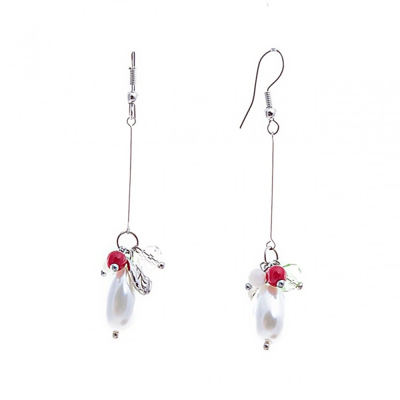 Earrings with white and red beads, pendant style, 65mm