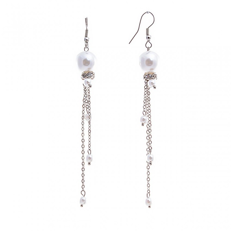 Drop earrings with white pearls (imitation) and crystals on chains, metal plated silver, 95mm