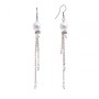 Drop earrings with white pearls (imitation) and crystals on chains, metal plated silver, 95mm