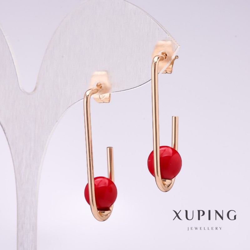 Xuping Earrings with Red Mallorca Pearl 34x8mm 18K Gold Plating