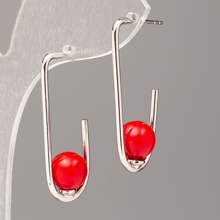 Xuping Earrings with Red Mallorca Pearl 34x8mm Rhodium