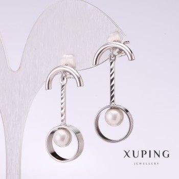 Earrings Xuping with Mallorca White Pearl, 30x5mm, Rhodium