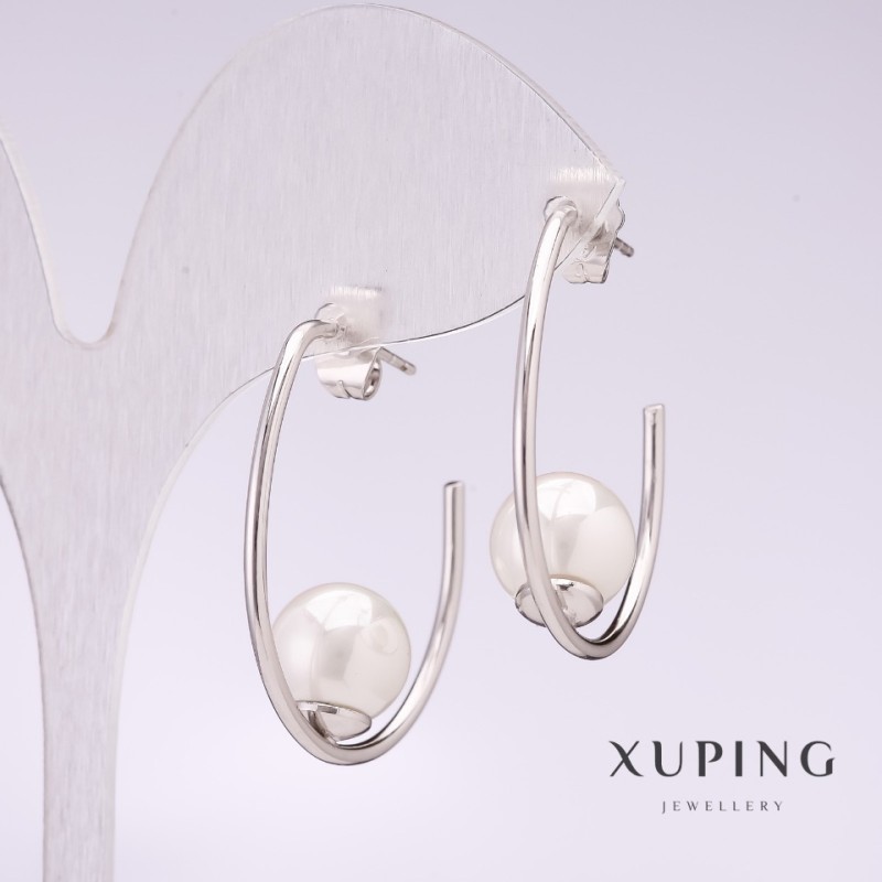 Xuping Clip Earrings with White Mallorca Pearl, Rhodium