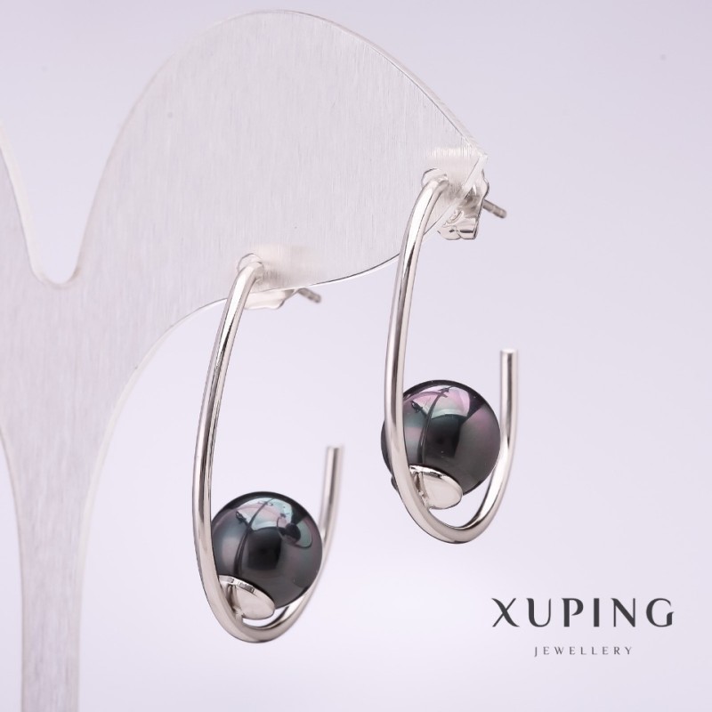 Xuping Stud Earring with Black Mallorca Pearl 33x10mm Rhodium