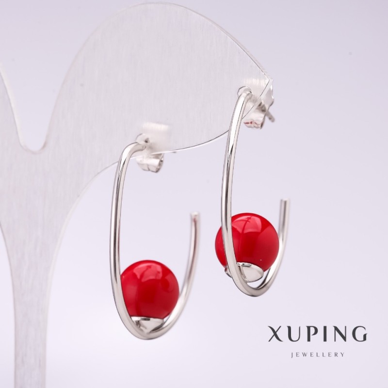 Xuping Earrings Clip with Red Mallorca Pearl 33x10mm Rhodium