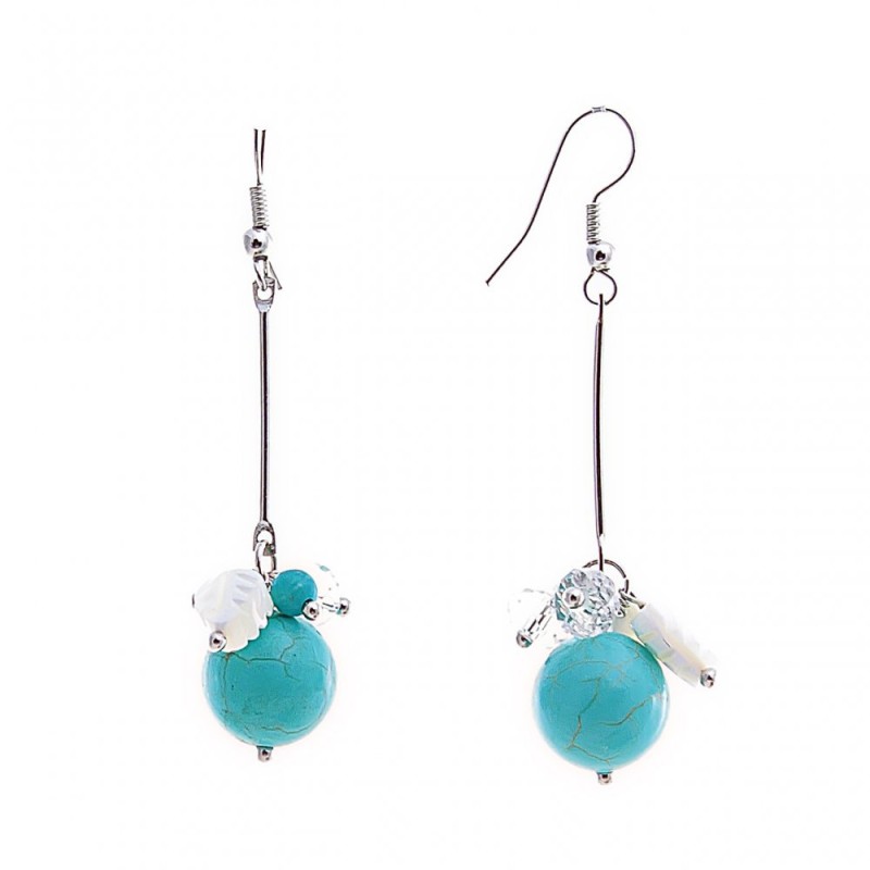 Earrings with Turquoise (pressed) and coloured beads on wire, metal plated to silver, 55mm