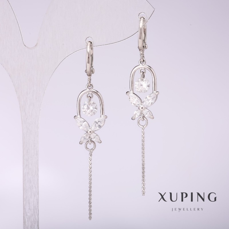 Xuping Earrings with White Stones 55x10mm Rhodium