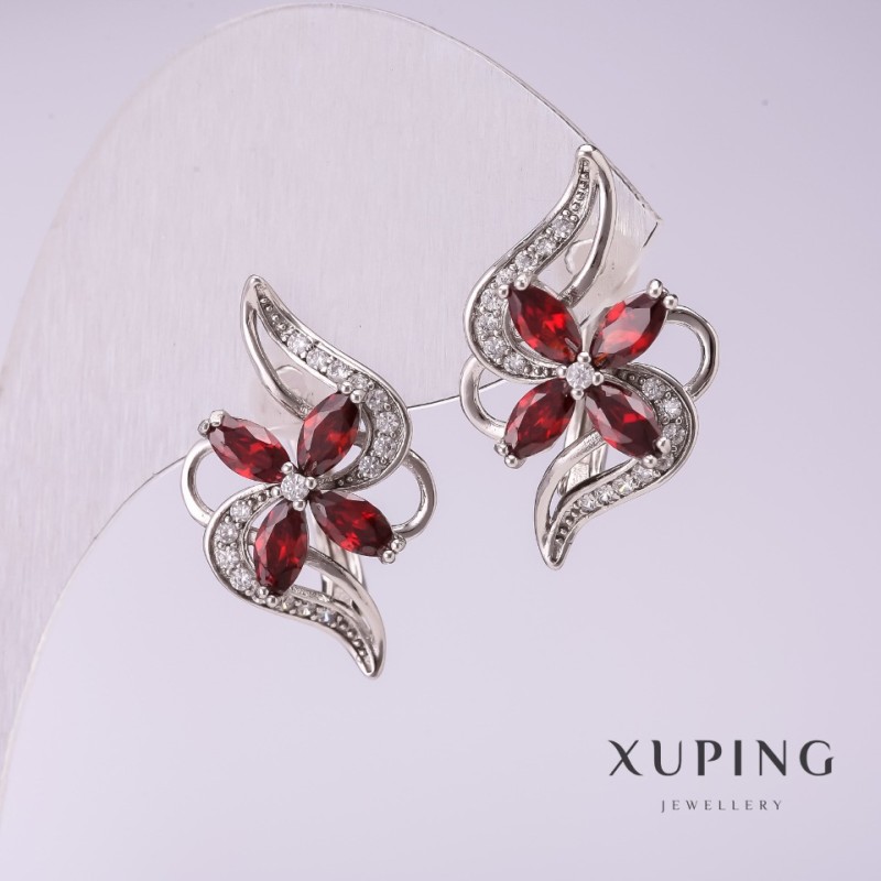 Xuping Earrings with Red Stones 10x24mm Rhodium-plated