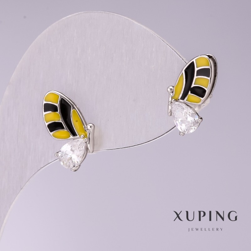 Xuping Butterfly Earrings Yellow and Black Enamel with White Stones 14x8mm Rhodium