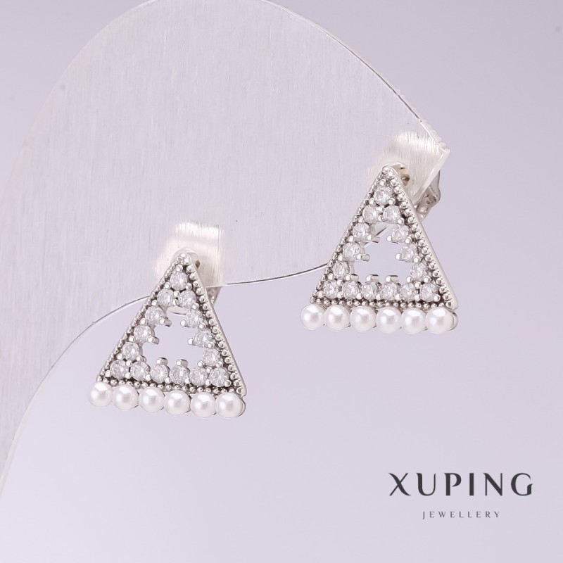 Xuping Triangle Earrings with White Mallorca Pearls 13x13mm Rhodium