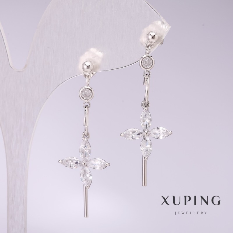 Xuping Flower Earrings with White Stones 40x13mm Rhodium
