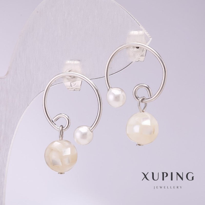 Xuping Ring Earrings with Nacre Beads 17x23mm Rhodium