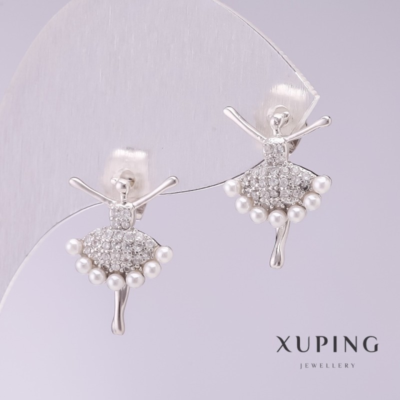 Xuping Ballerina Earrings with White Mallorca Pearls 18x12mm Rhodium