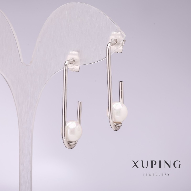 Xuping Earrings with White Mallorca Pearls 33x8mm Rhodium