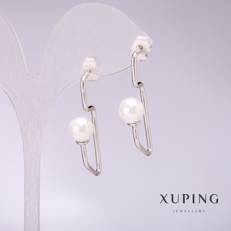 Xuping Earrings with White Mallorca Pearls 34x8mm Rhodium