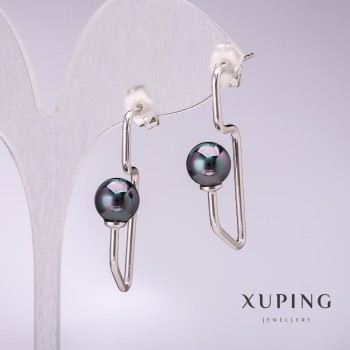 Xuping Earrings with Black Mallorca Pearls 34x8mm Rhodium