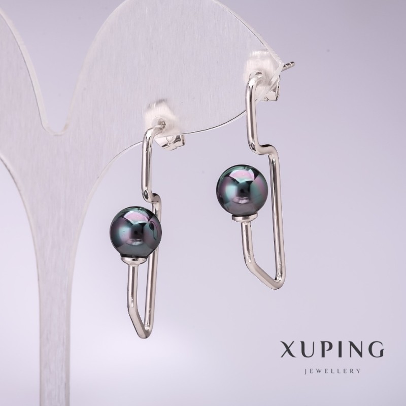 Xuping Earrings with Black Mallorca Pearls 34x8mm Rhodium