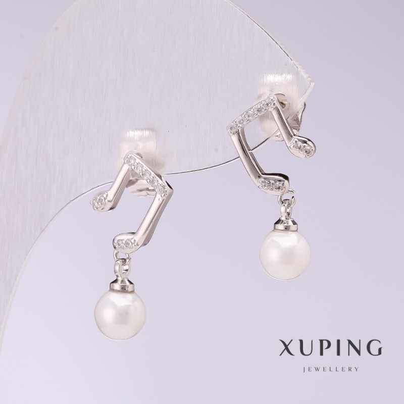 Xuping Notes Earrings with White Mallorca Pearls 20x6mm Rhodium