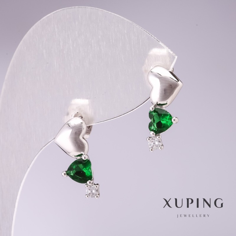 Xuping Heart Garland Earrings with Green Stones 17x7mm Rhodium-Plated