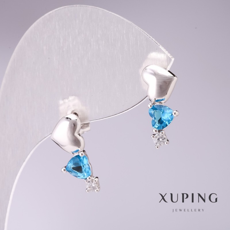 Xuping Heart Garland Earrings with Light Blue Stones 17x7mm Rhodium-Plated