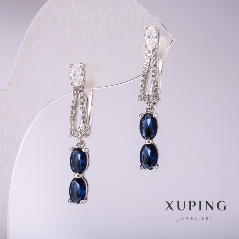 Xuping Earrings with Blue Stones 33x5mm Rhodium-Plated