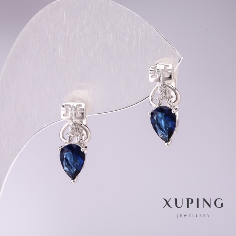 Xuping Earrings with Blue Stones 15x5mm Rhodium-Plated