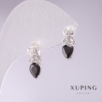 Xuping Earrings with Black Stones 15x5mm Rhodium-Plated