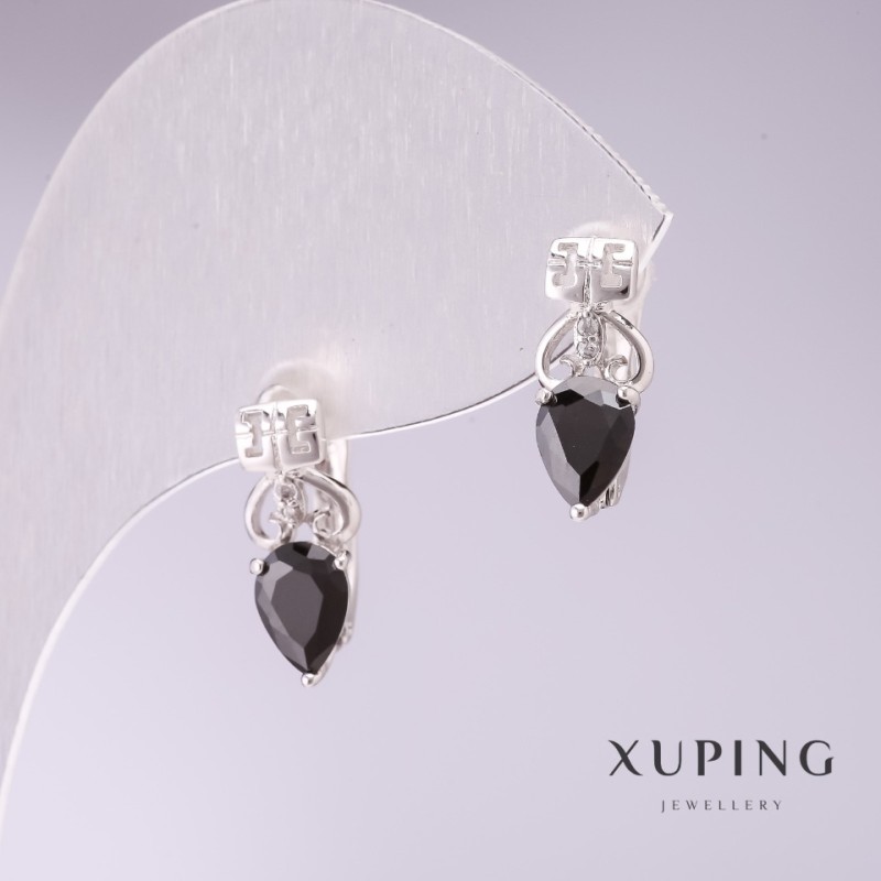 Xuping Earrings with Black Stones 15x5mm Rhodium-Plated