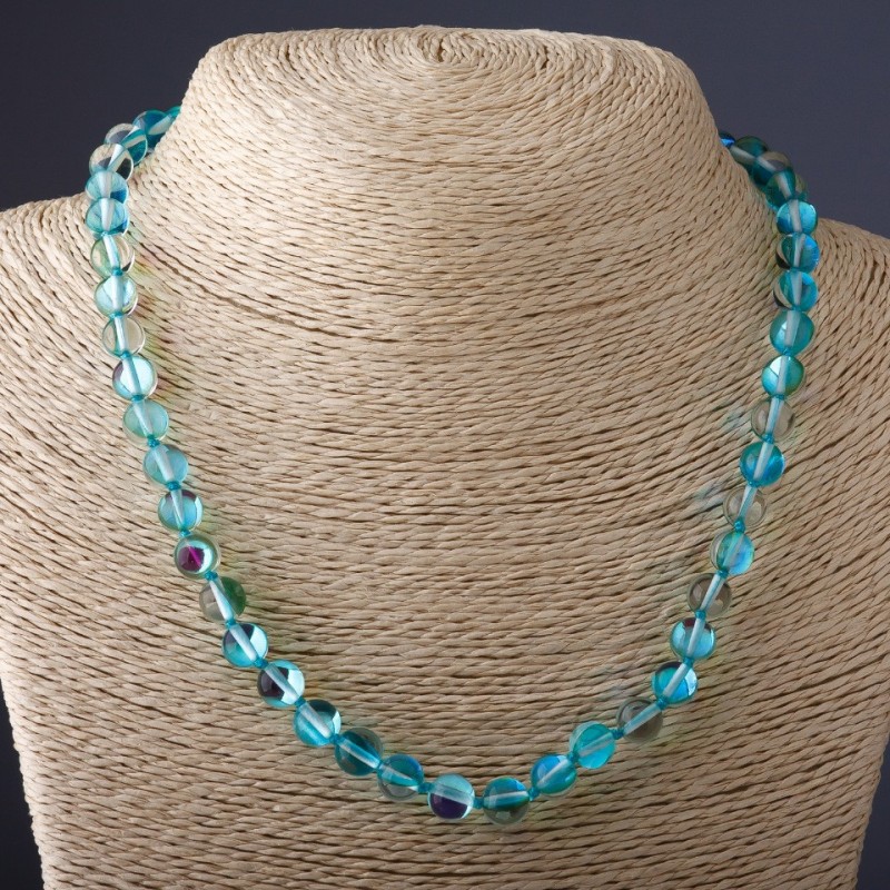 Necklace of opal glass, blue, 8mm diameter