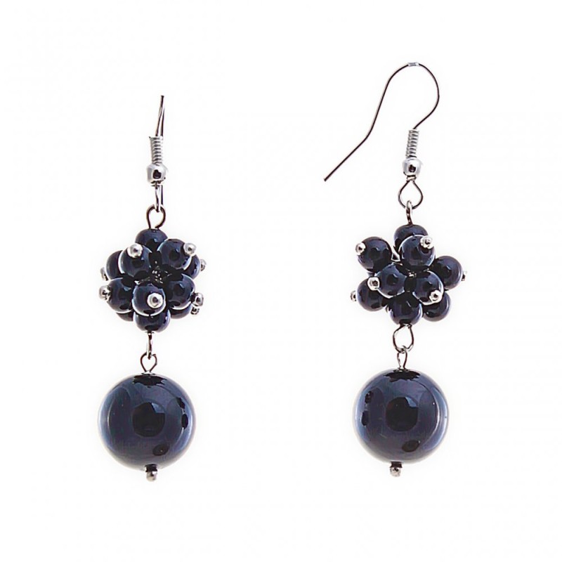 Earrings - Drops with small and large black agate, metal plated to silver, 40mm