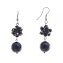 Earrings - Drops with small and large black agate, metal plated to silver, 40mm