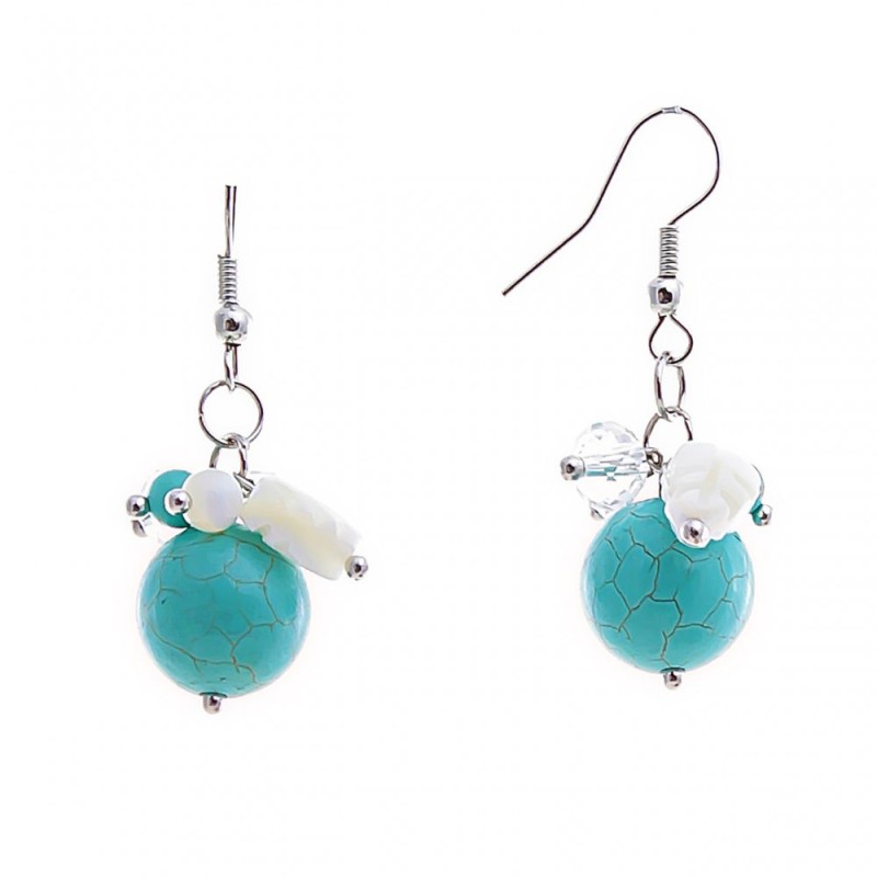 Dangle earrings with coloured small beads and a large turquoise centerpiece (plated), metal in silver tone, 40mm