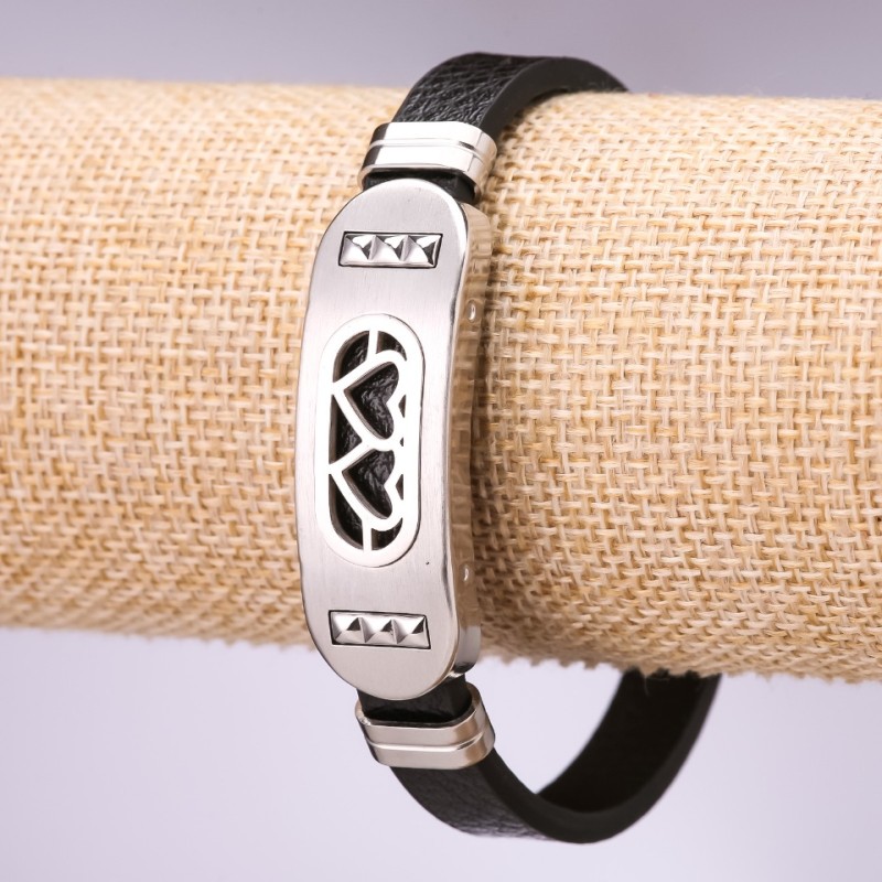Eco-Leather Bracelet Hearts, length 20cm, thickness 10mm, colour "rhodium"