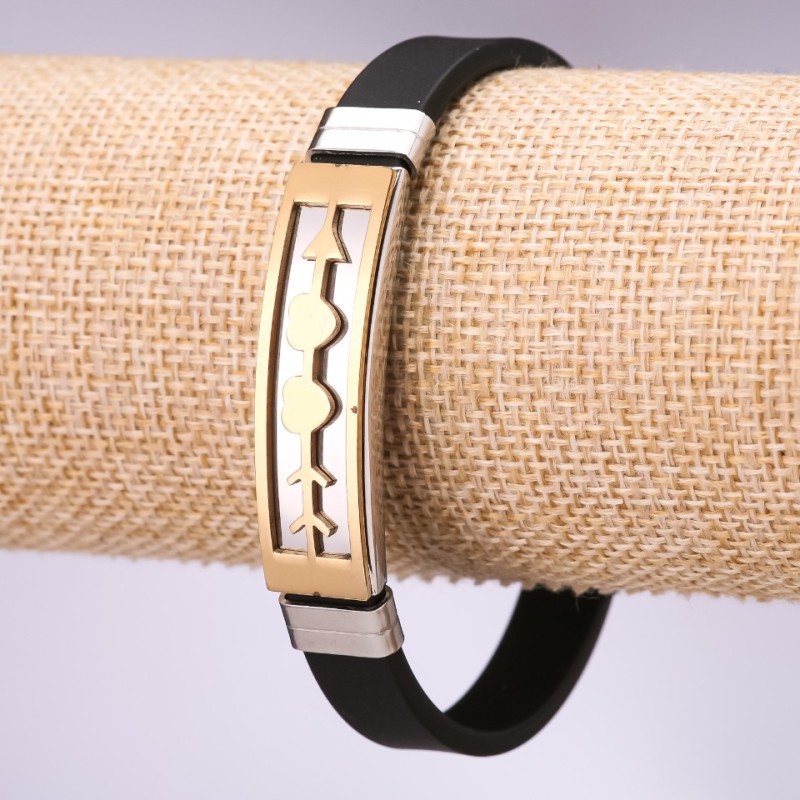 Men's "Rubber" Bracelet Heart Plate, Length 20cm, Thickness 10mm Colour "Gold-Plated", "Rhodium"
