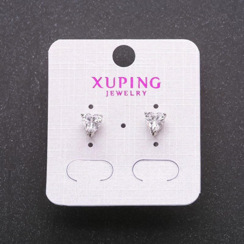 Xuping Stud Earrings with White Stones, Heart Setting 6x7mm, Rhodium